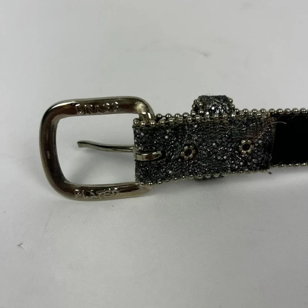 Black Silver Mesh Glitter Coquette Belt with Silver Rhinestones Sz ML - Picture 3 of 6